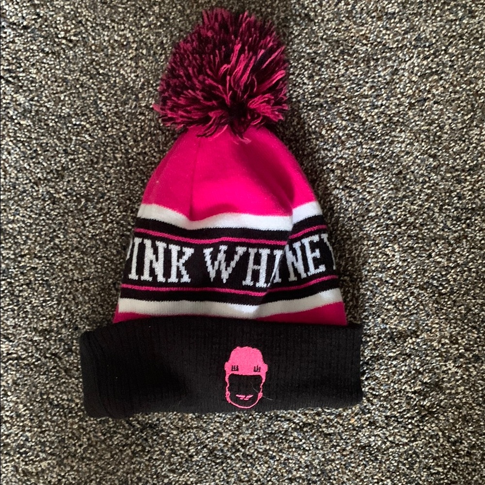 Pink Whitney Pom Beanie - Pink and Black